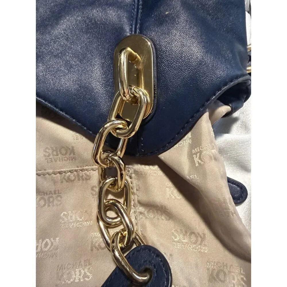 Michael Kors Fulton Large Navy Blue Pebbled Leather Hobo Shoulder Bag Gold